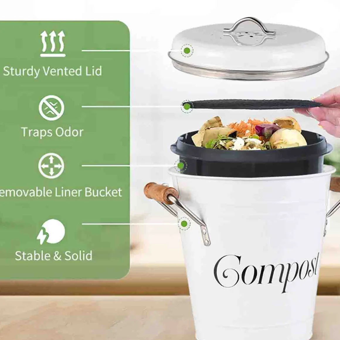 A LA CUISINE - Compost White Metal Bin With Wood Handle