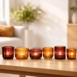 Amber Glass Candle Holders on Wooden Tray – 6 Piece Set