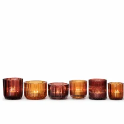 Amber Glass Candle Holders on Wooden Tray – 6 Piece Set