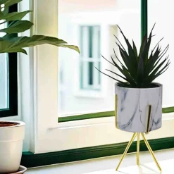 Artificial Succulent Plant in White Marble Ceramic pot with gold Metal Stand