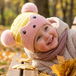 Baby Striped Knit Beanie with Ears and Pom-Poms