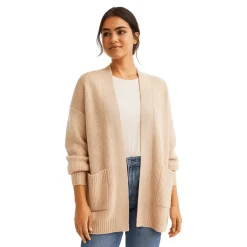 Beige Open-Front Knit Cardigan