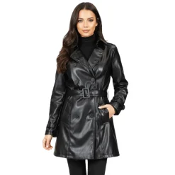 Black Faux-Leather Belted Trench Coat