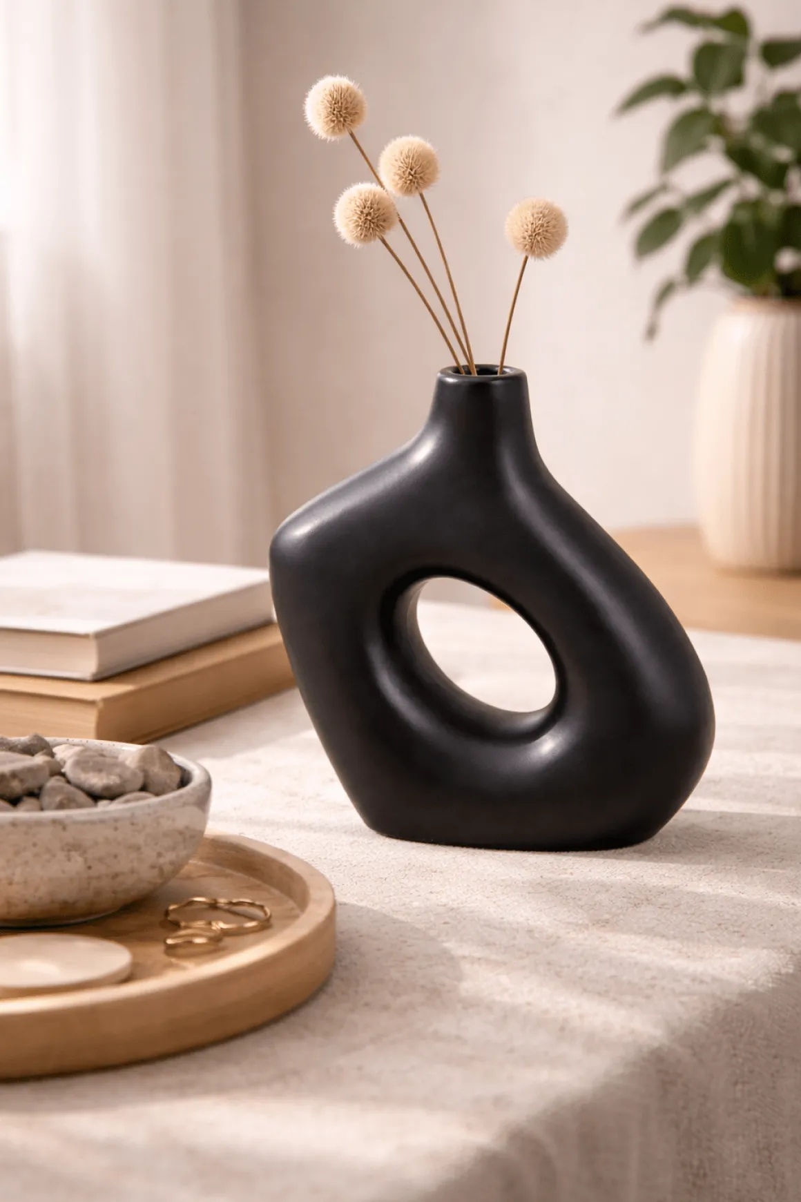 Black Sculptural Decorative Vase with Central Opening