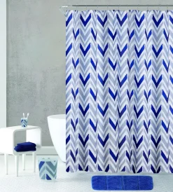 Blue Geometric - Bath Curtain and Mat Set with Accessories