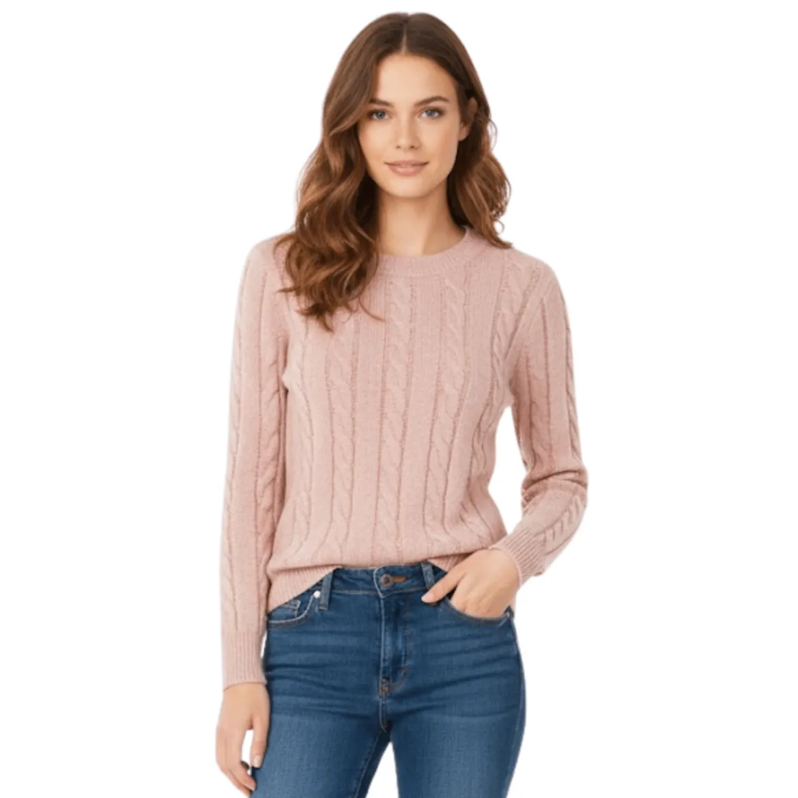 Blush Pink Cable-Knit Crewneck Sweater