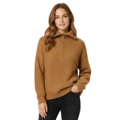 Camel Half-Zip High-Neck Knit Sweater