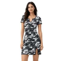 Camo Print Fitted Dress with Keyhole Neckline