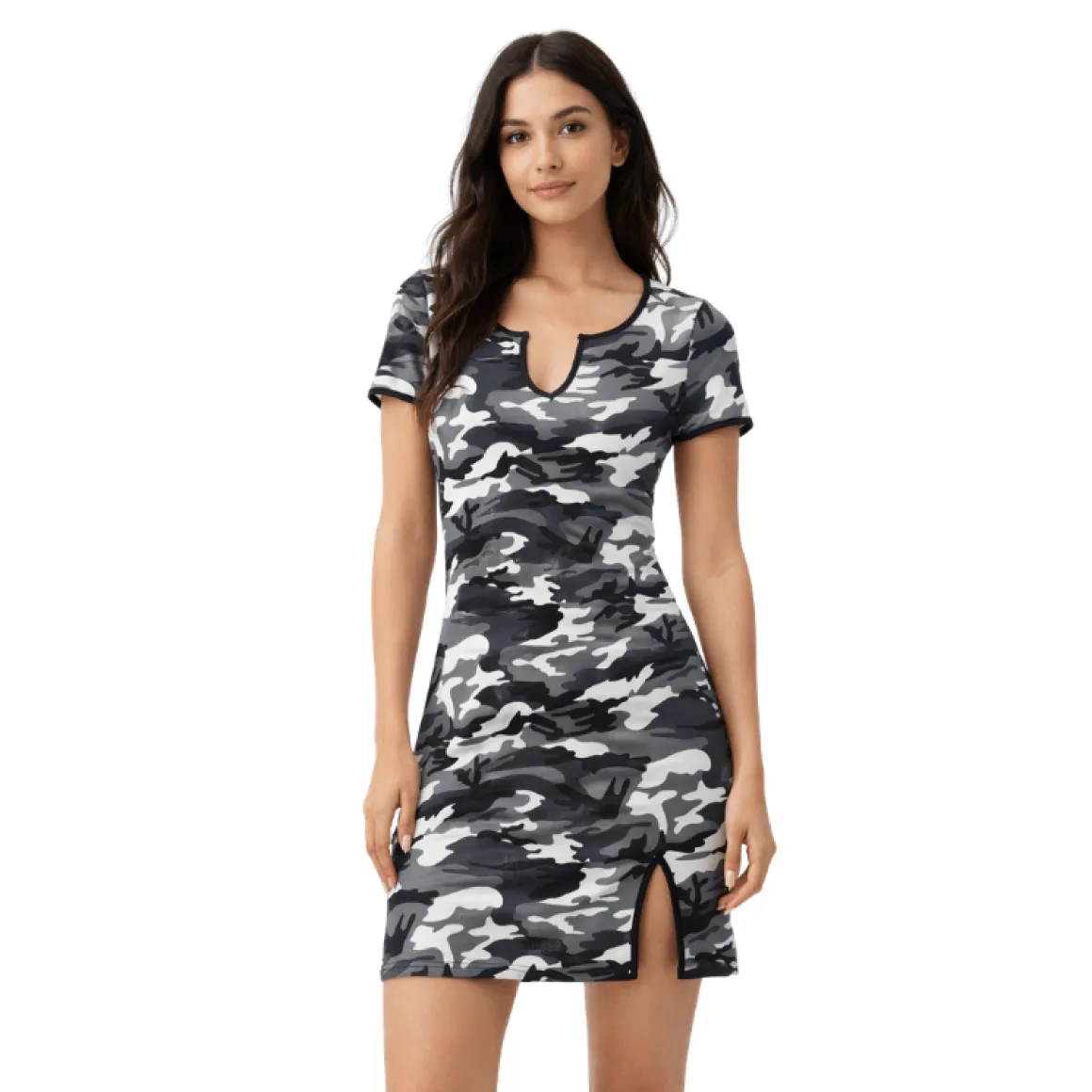 Camo Print Fitted Dress with Keyhole Neckline
