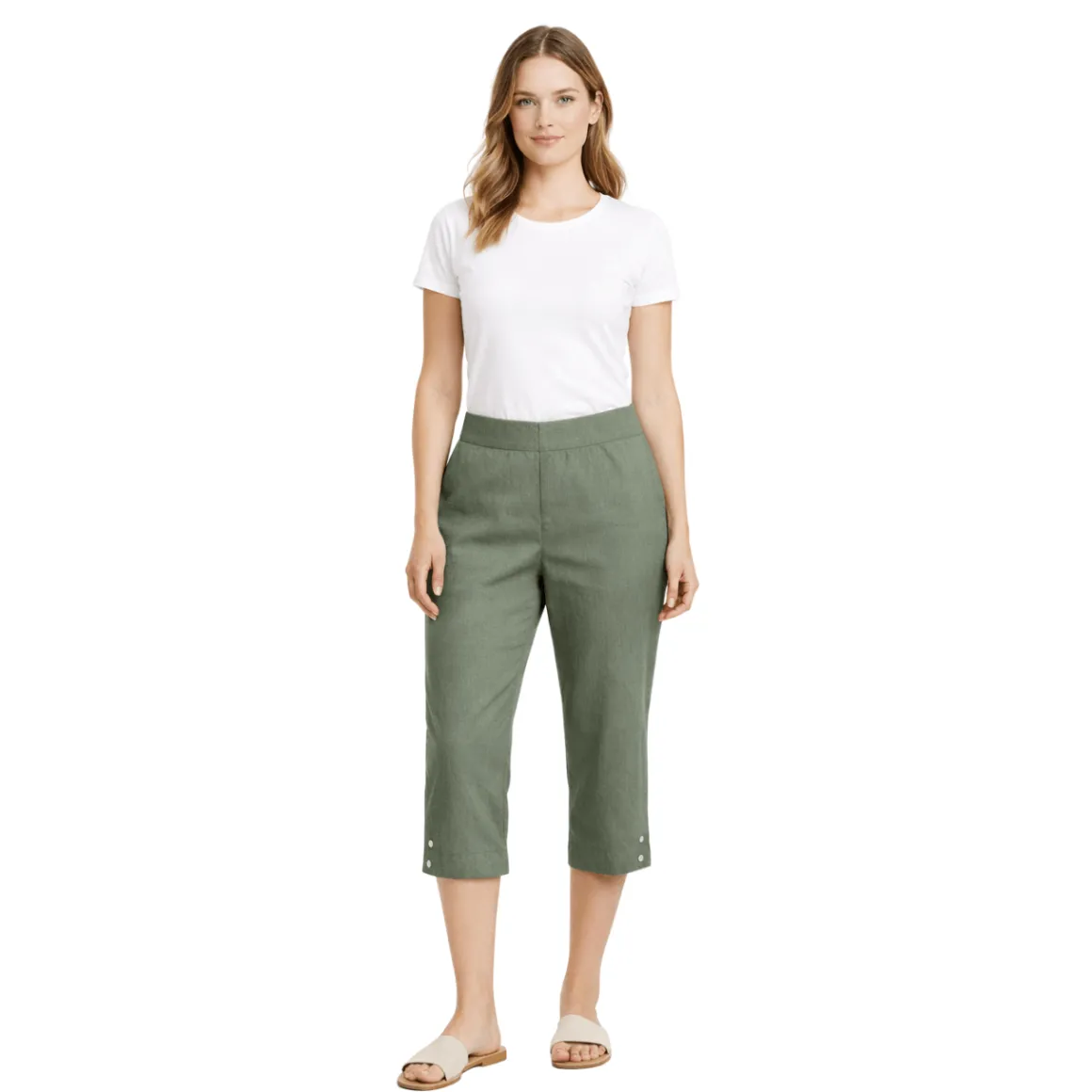 Cropped Pull-On Pants with Button Detail