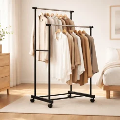 Double Row Rolling Clothes Rack – Adjustable Metal Garment Organizer
