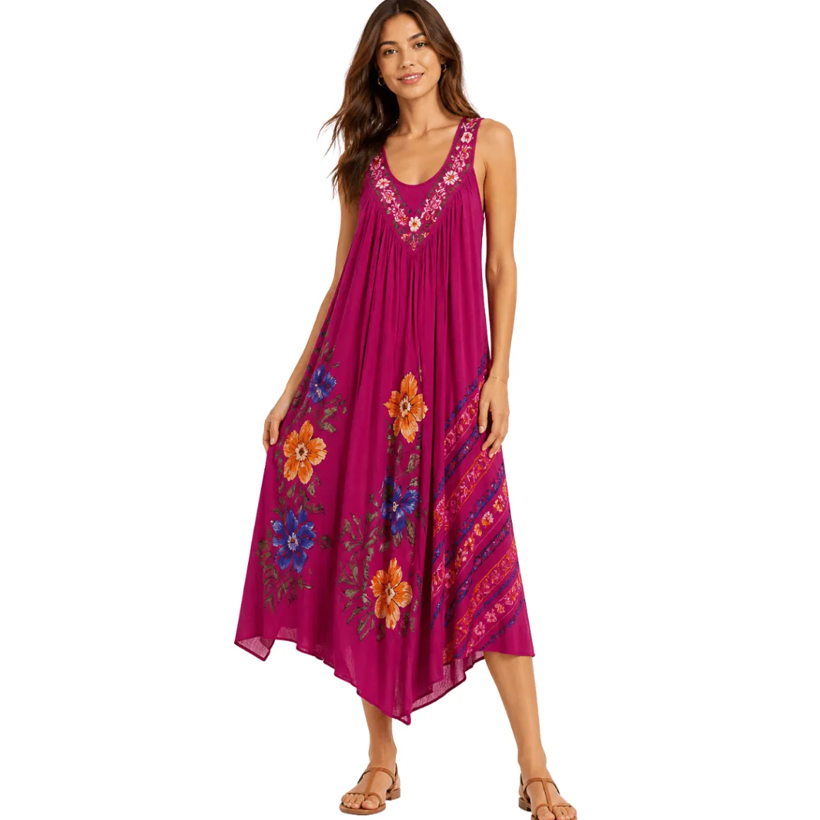 Embroidered V-Neck Sleeveless Midi Dress