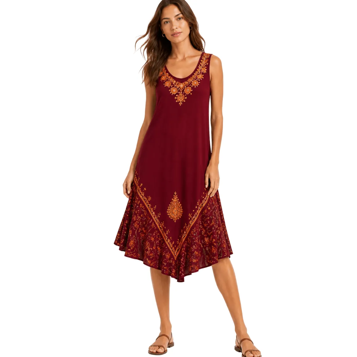 Embroidered V-Neck Sleeveless Midi Dress