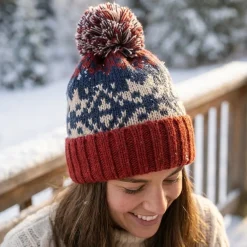 Fair Isle Knit Beanie with Pom-Pom