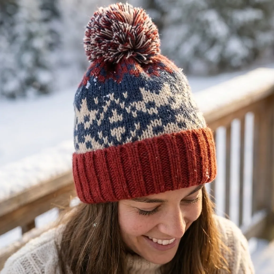 Fair Isle Knit Beanie with Pom-Pom