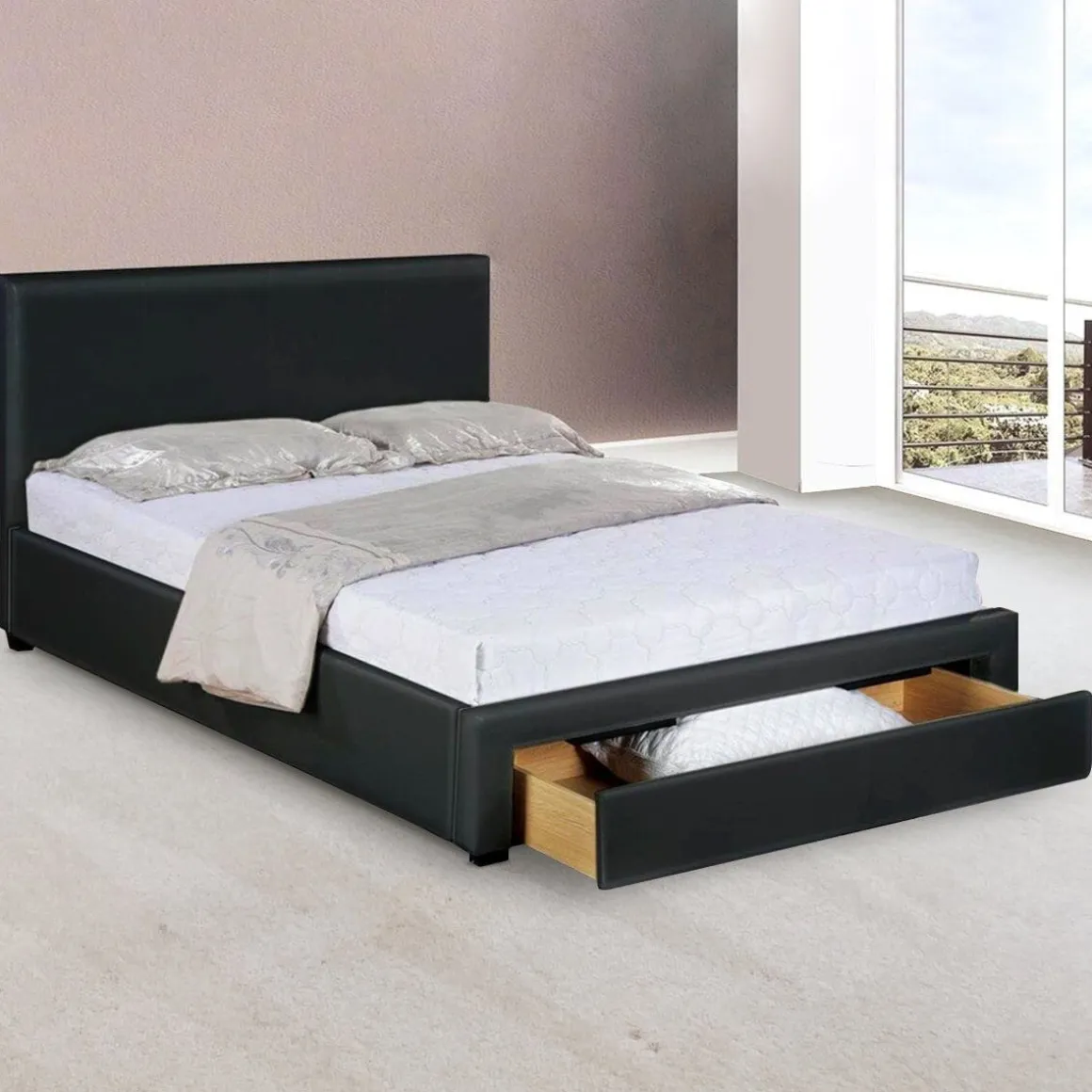 Faux Leather Bed Frame with Drawer