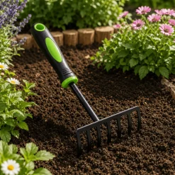 Five-Tine Hand Garden Rake – Two-Tone Short Handle Cultivator