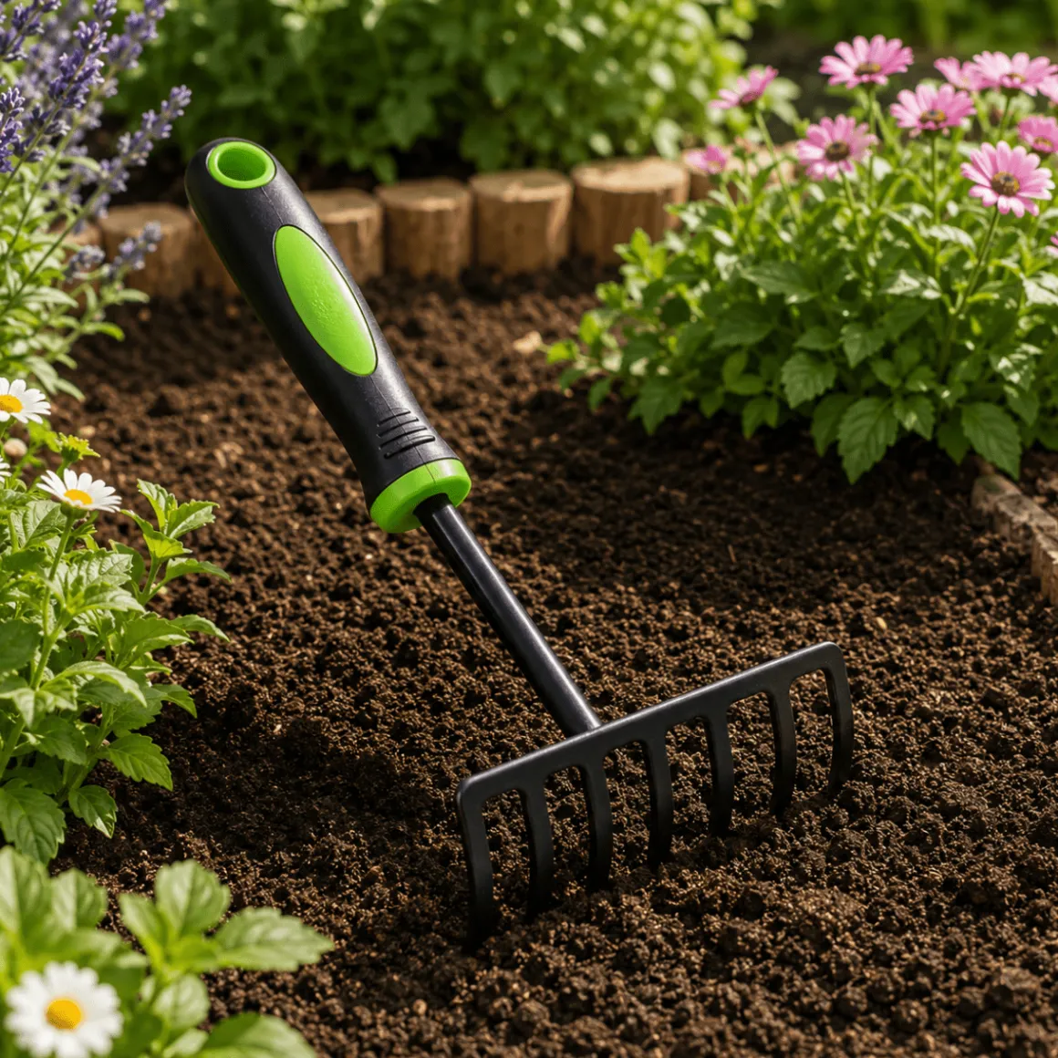 Five-Tine Hand Garden Rake – Two-Tone Short Handle Cultivator