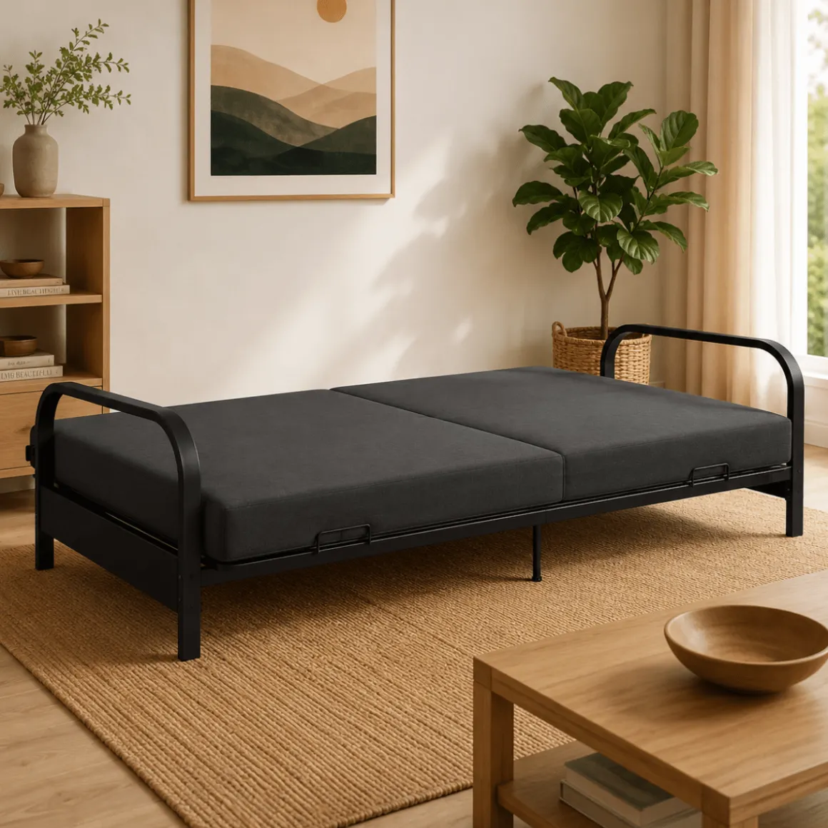 Futon Sofa-Bed with Black Metal Frame