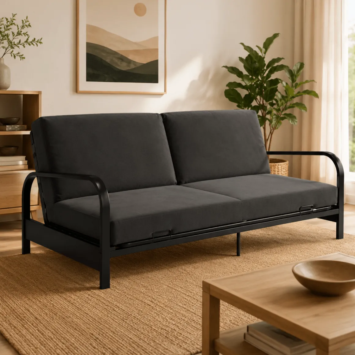 Futon Sofa-Bed with Black Metal Frame
