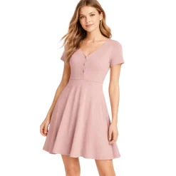 Henley Button V-Neck Ribbed Skater Dress
