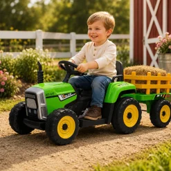 Kids Electric Ride-on Tractor with Trailer (12V Rechargeable Battery) - GREEN