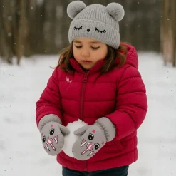 Knit Beanie with Decorative Ears and Pom-Poms