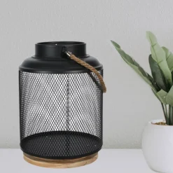 Lantern Wire Cage Black With wood Base 20x20x28