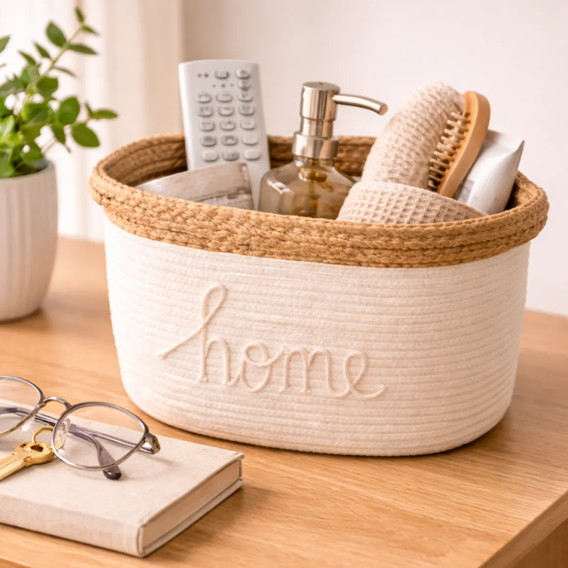 Lauren Taylor White Rope Basket with “Home” Appliqué