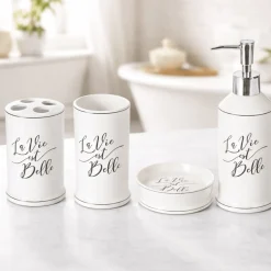 La Vie Est Belle Ceramic Bathroom Accessories Set – 4 Pieces