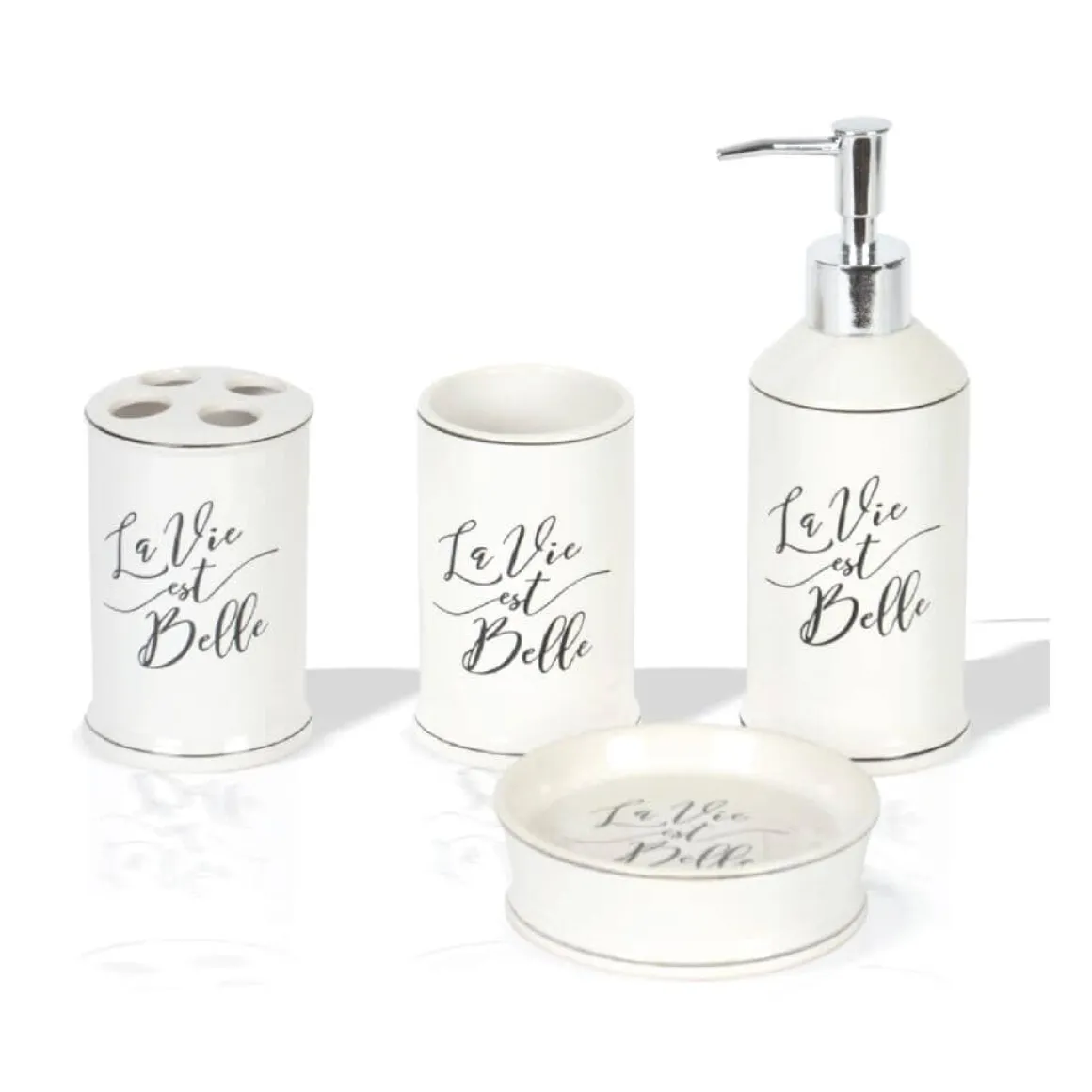 La Vie Est Belle Ceramic Bathroom Accessories Set – 4 Pieces