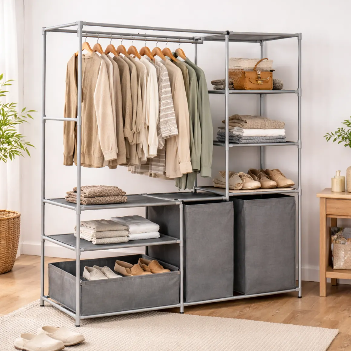Multi-Function Garment Rack with Shelves & Laundry Bags