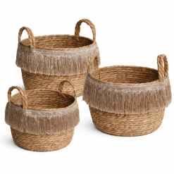 Natural Fiber Storage Baskets with Fringe – Set of 3