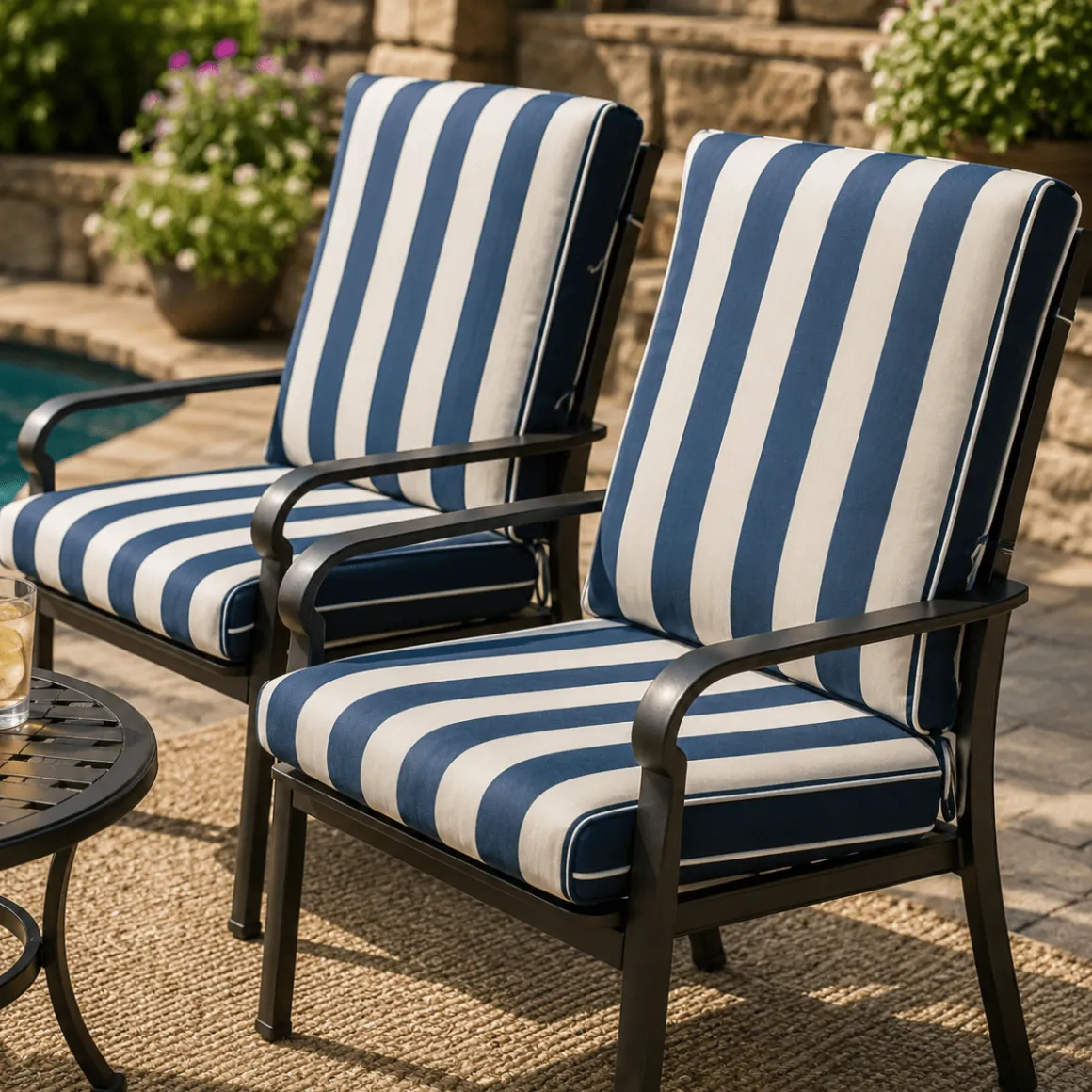 Outdoor High-Back Chair Cushion – Blue Stripe Patio Seat Pad 17.5 x 42 + 1.5 in