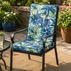 Outdoor High-Back Chair Cushion – Belize Blue Tropical Print 42 x 17.5 in