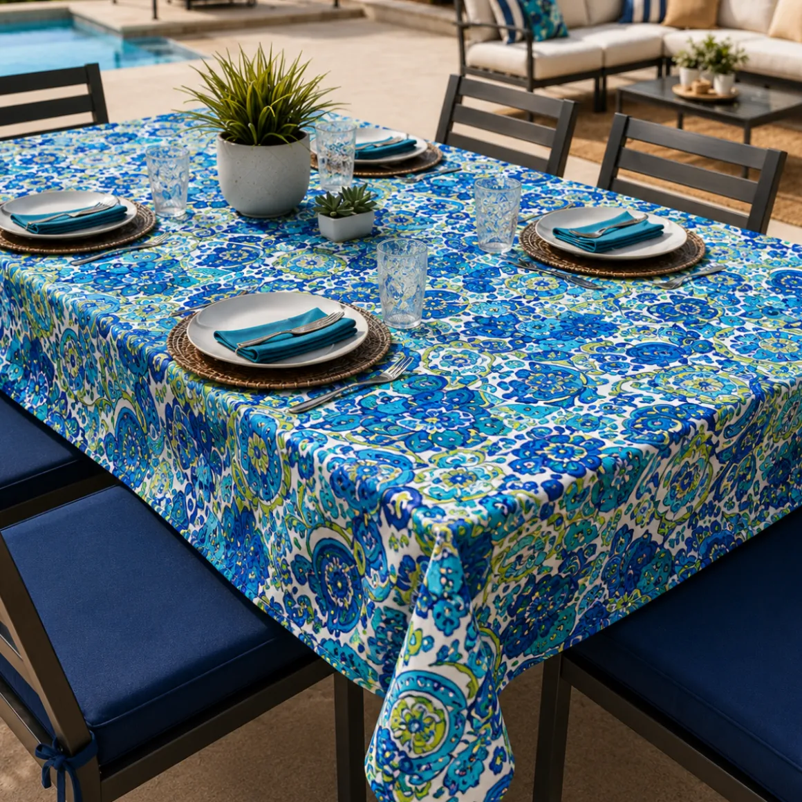 Outdoor Tablecloth 52 x 70 in – Belize Blue Printed Patio Table Cover