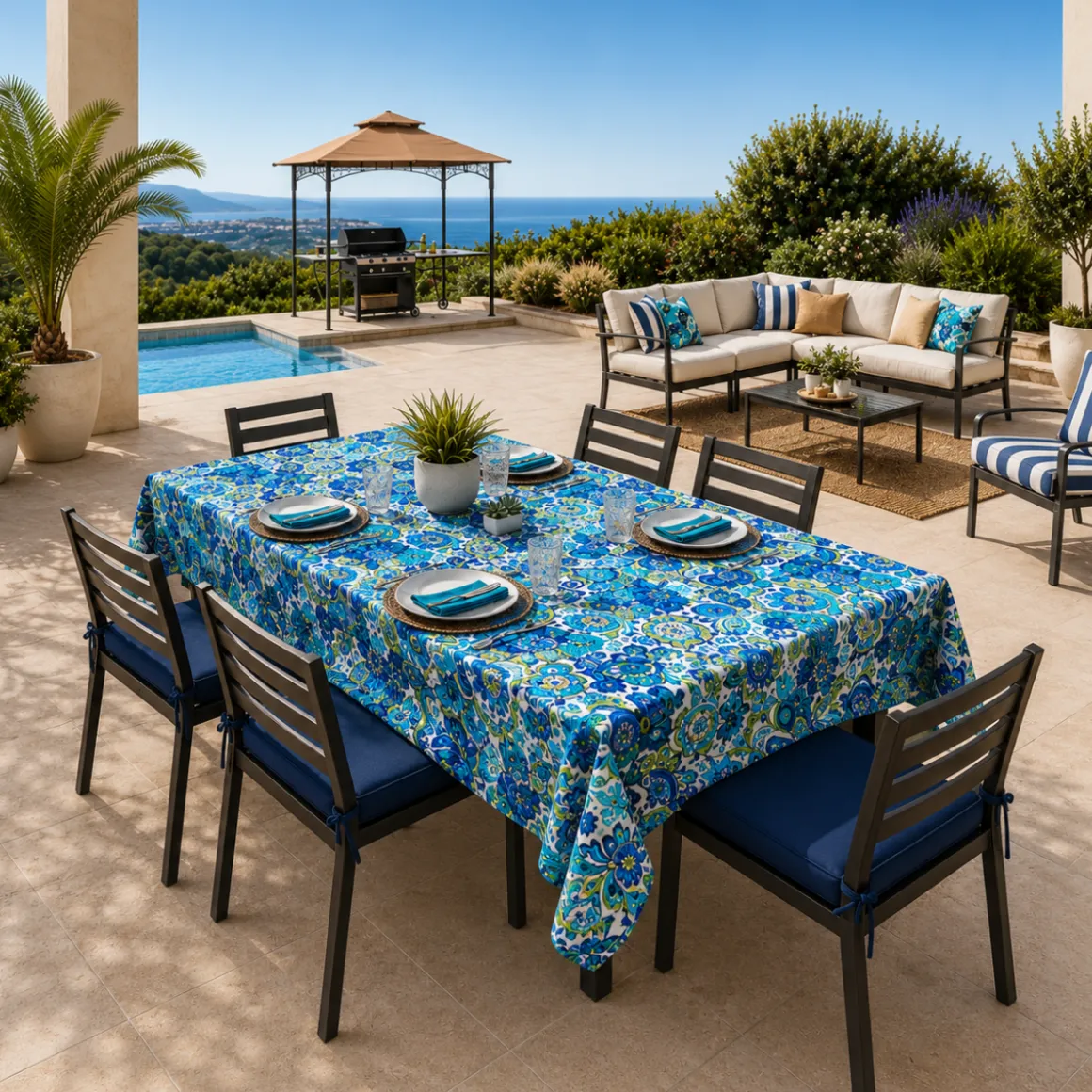 Outdoor Tablecloth 52 x 70 in – Belize Blue Printed Patio Table Cover
