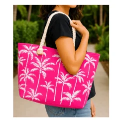 Palm Print Jute Beach Bag