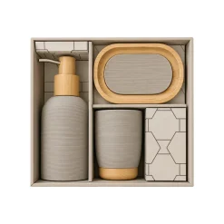 3-Piece Grey Limestone Polyresin Bathroom Accessory Set with Bamboo Accents