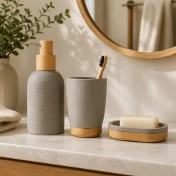 3-Piece Grey Limestone Polyresin Bathroom Accessory Set with Bamboo Accents