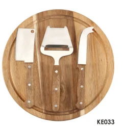 4 Piece Round Acacia Wood Cutting Board with Cheese Knives