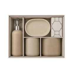4-Piece Tan Travertine Polyresin Bathroom Accessory Set