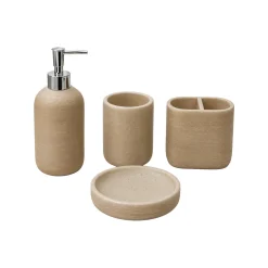 4-Piece Tan Travertine Polyresin Bathroom Accessory Set
