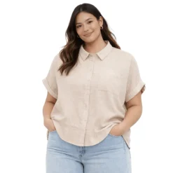 Plus Size Short Sleeve Button-Up Blouse