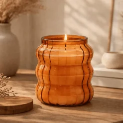 Ribbed Glass Scented Candle with Wooden Lid