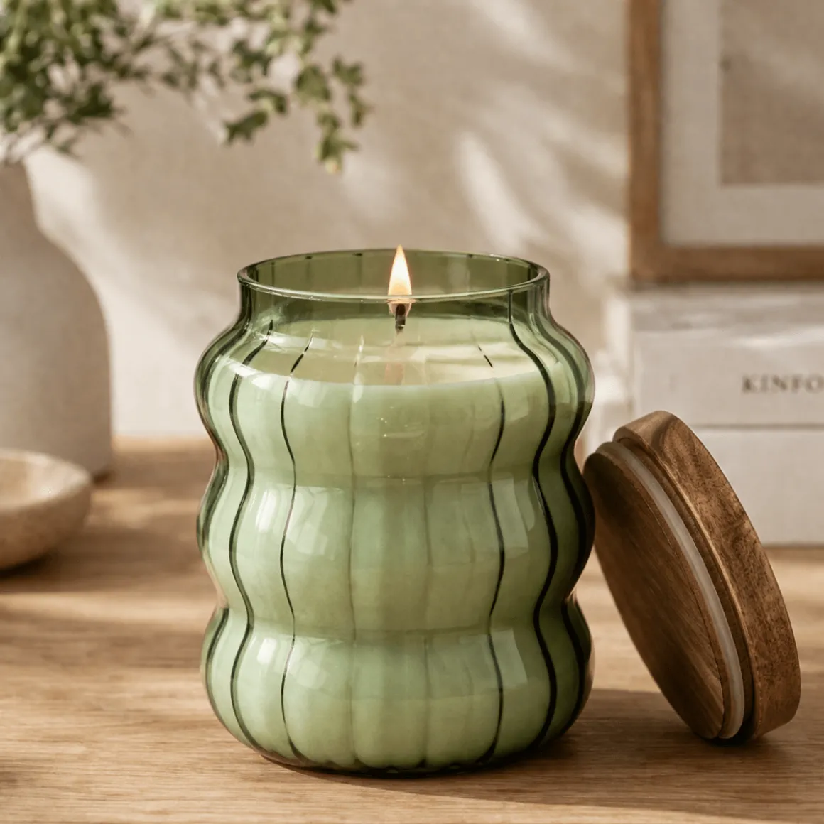 Ribbed Glass Scented Candle with Wooden Lid