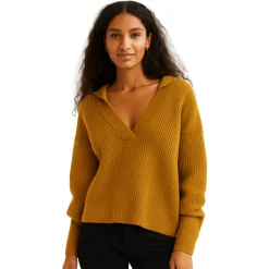Ribbed Knit V-Neck Collar Sweater