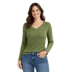 Ribbed V-Neck Long Sleeve Top