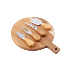 Round Acacia Wood Cutting Board with Handle and Knives