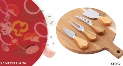 Round Acacia Wood Cutting Board with Handle and Knives